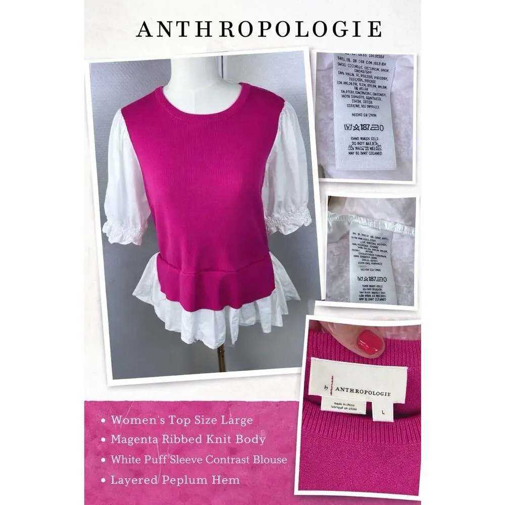 Anthropologie Pink Knit Peplum Top Large Puff Sleeve Cottagecore Coquette Blouse